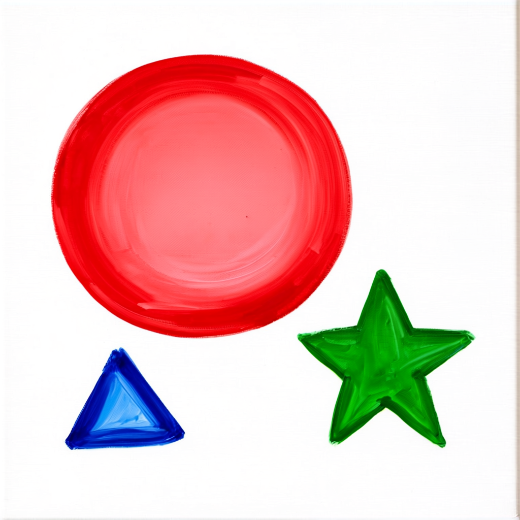 A large red circle, a small blue triangle, and a medium gree