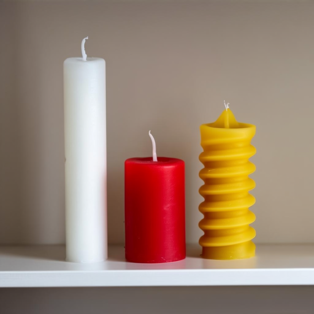 A tall thin white candle, a short fat red candle, and a medi