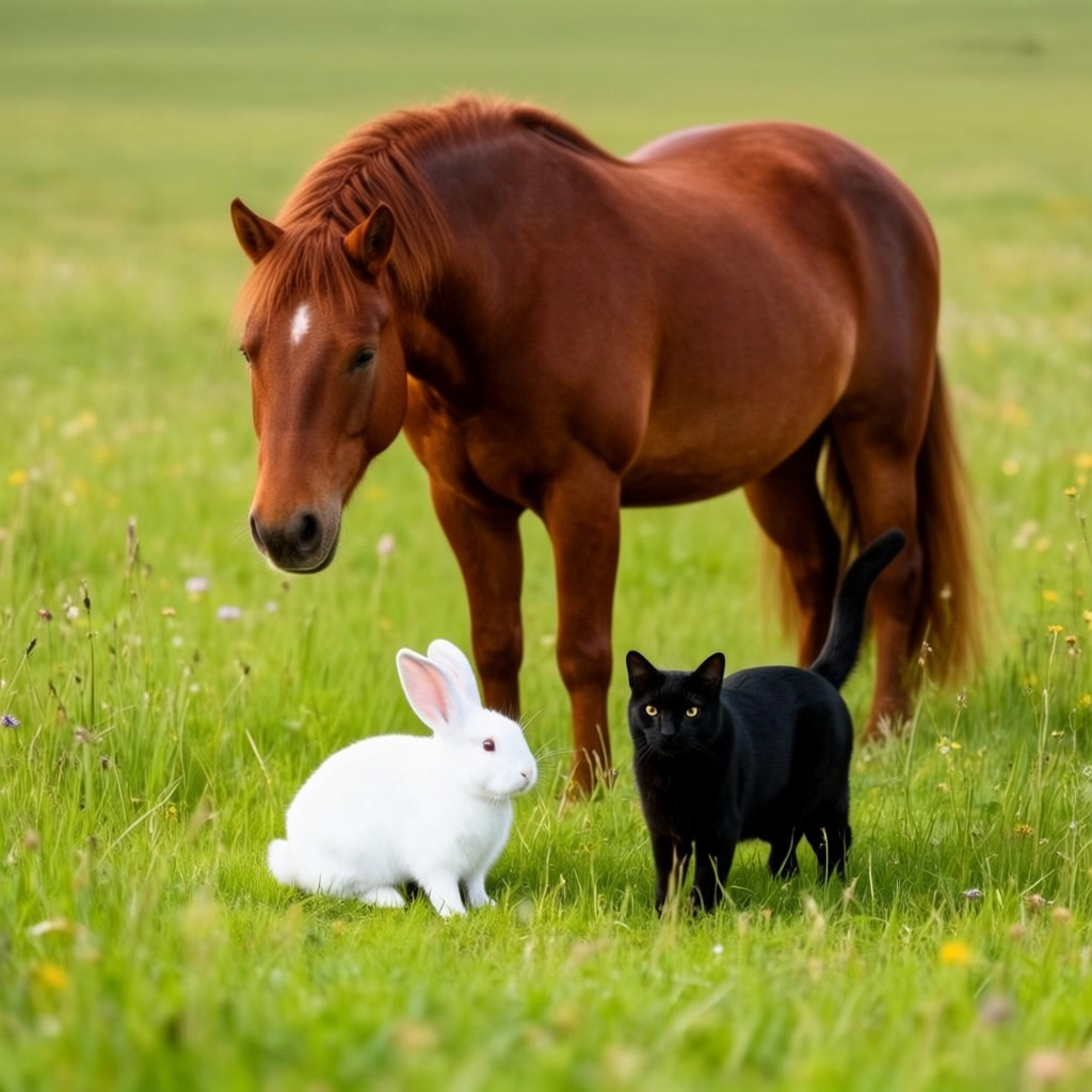 A big brown horse, a small white rabbit, and a medium-sized 