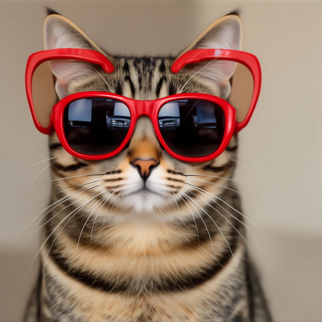 A tabby cat wearing oversized red sunglasses