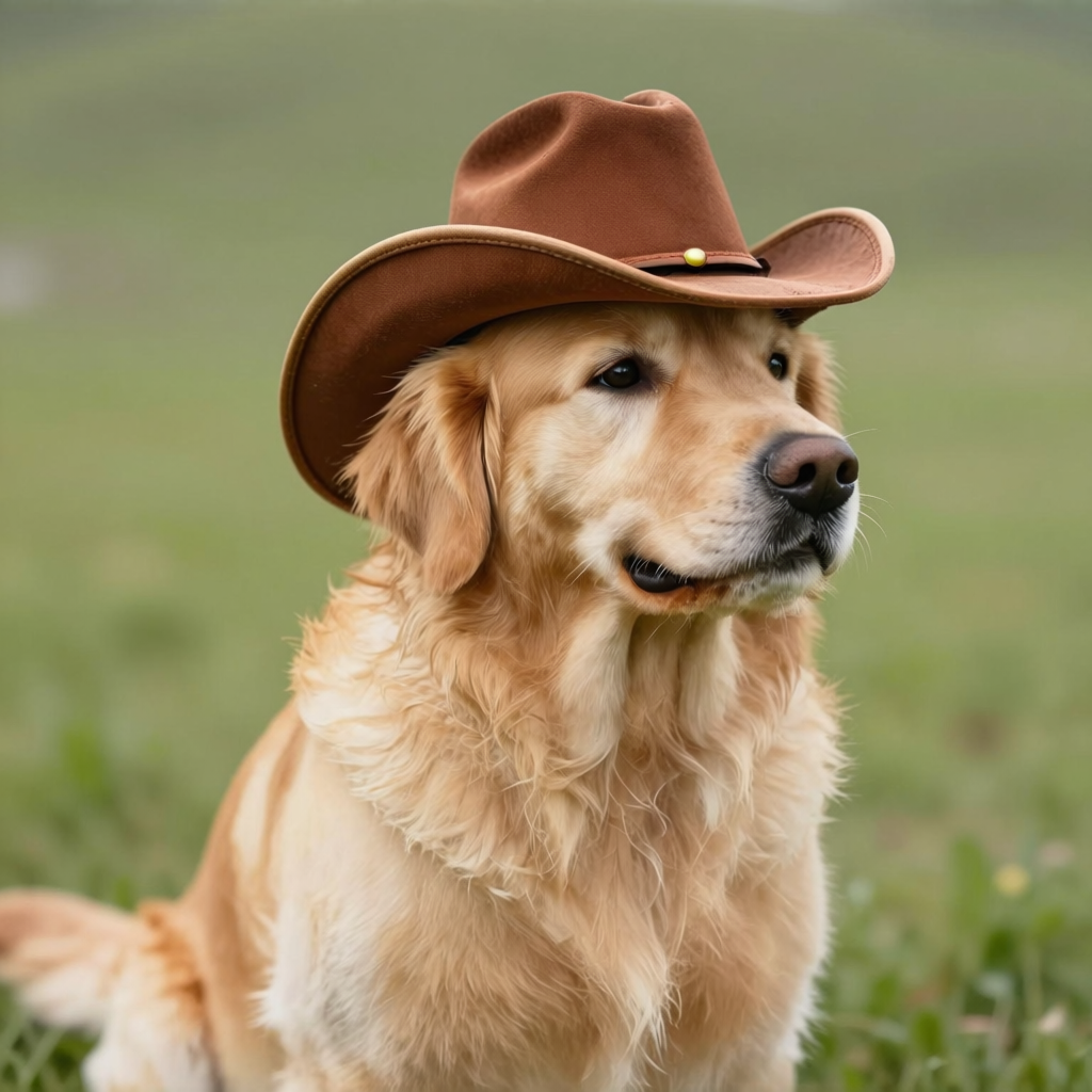 A golden retriever wearing a tiny cowboy hat