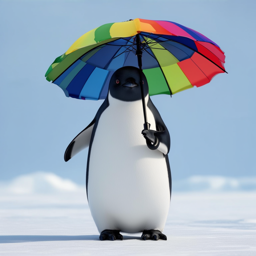 A penguin holding a colorful umbrella