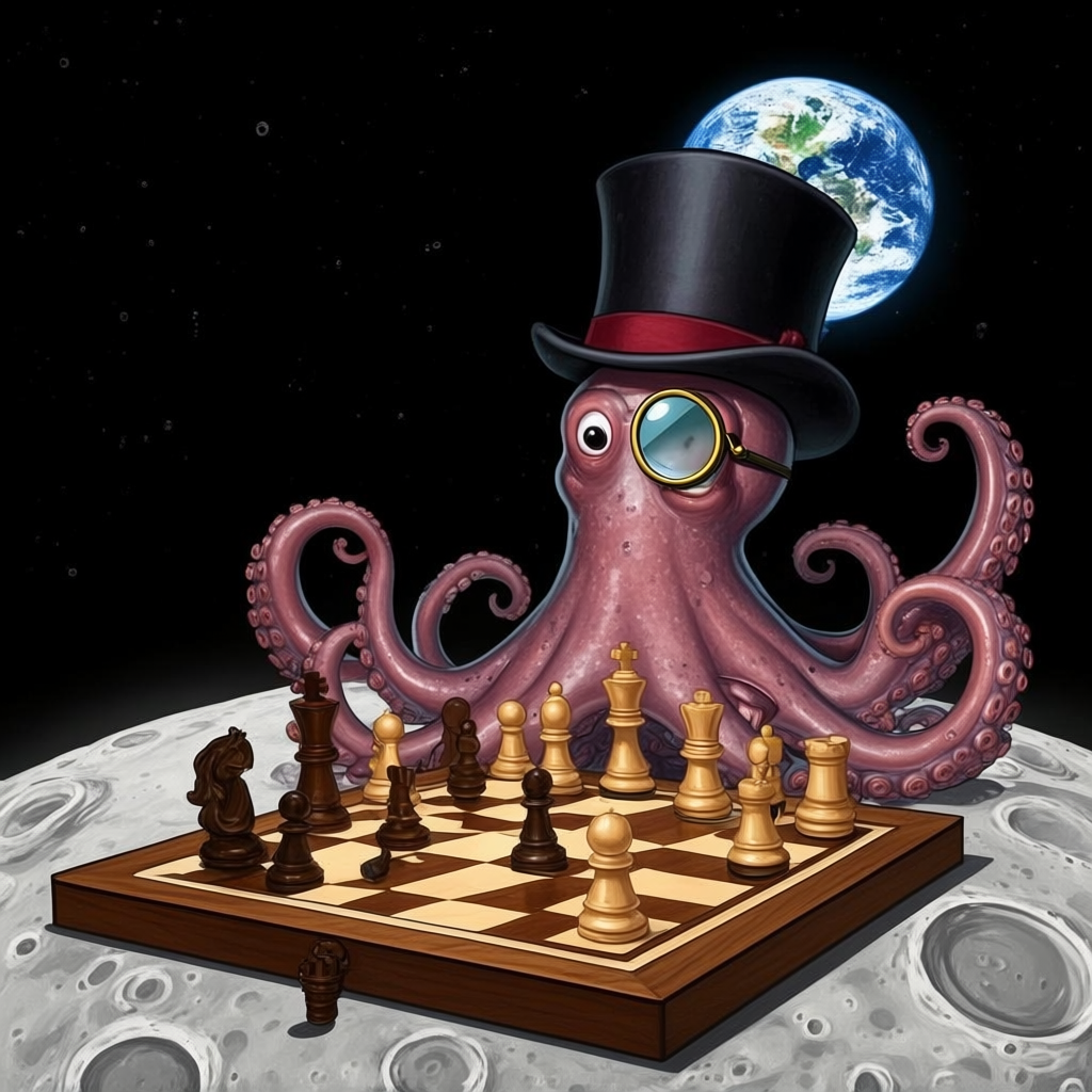 An octopus wearing a top hat and monocle playing chess on th