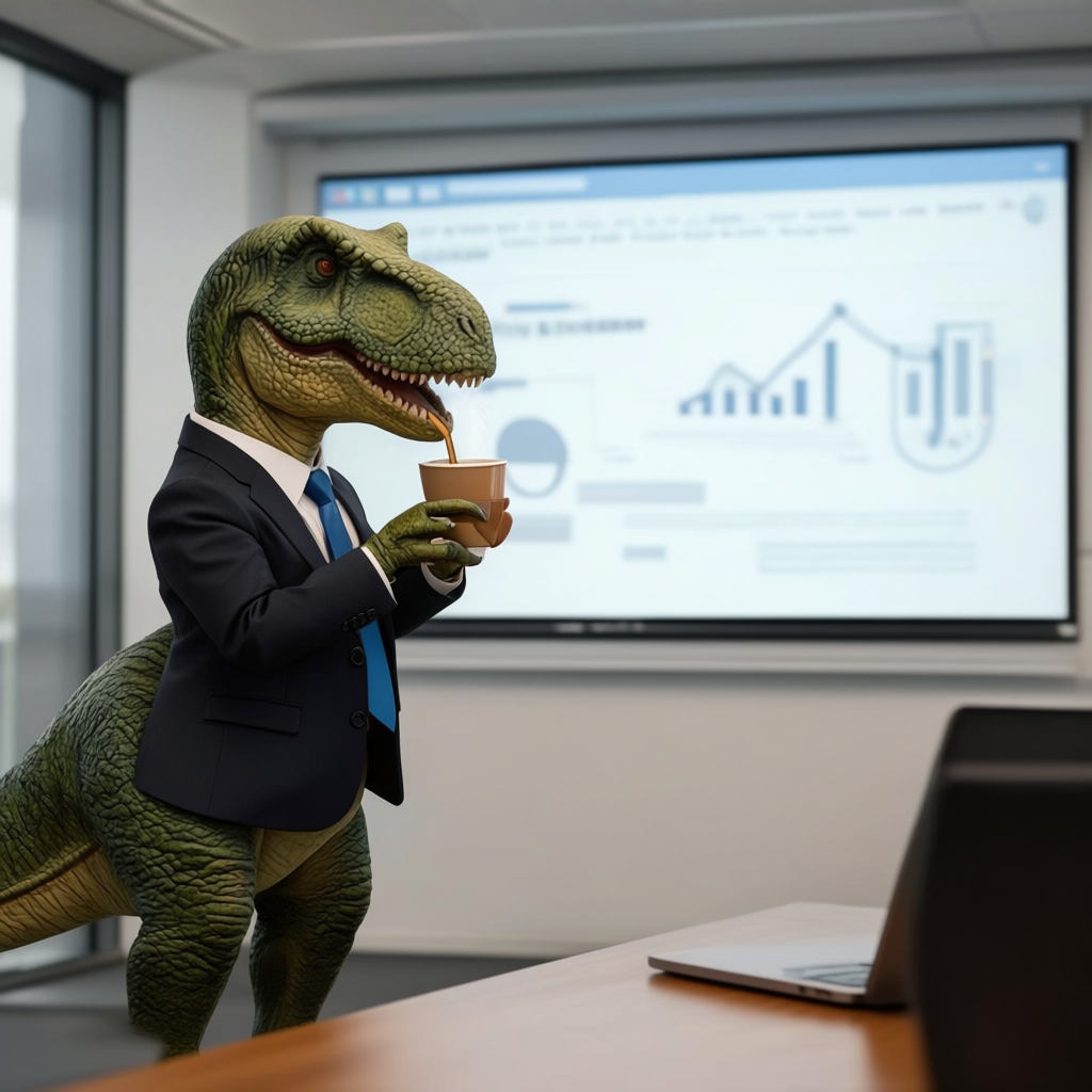 A dinosaur in a business suit giving a PowerPoint presentati