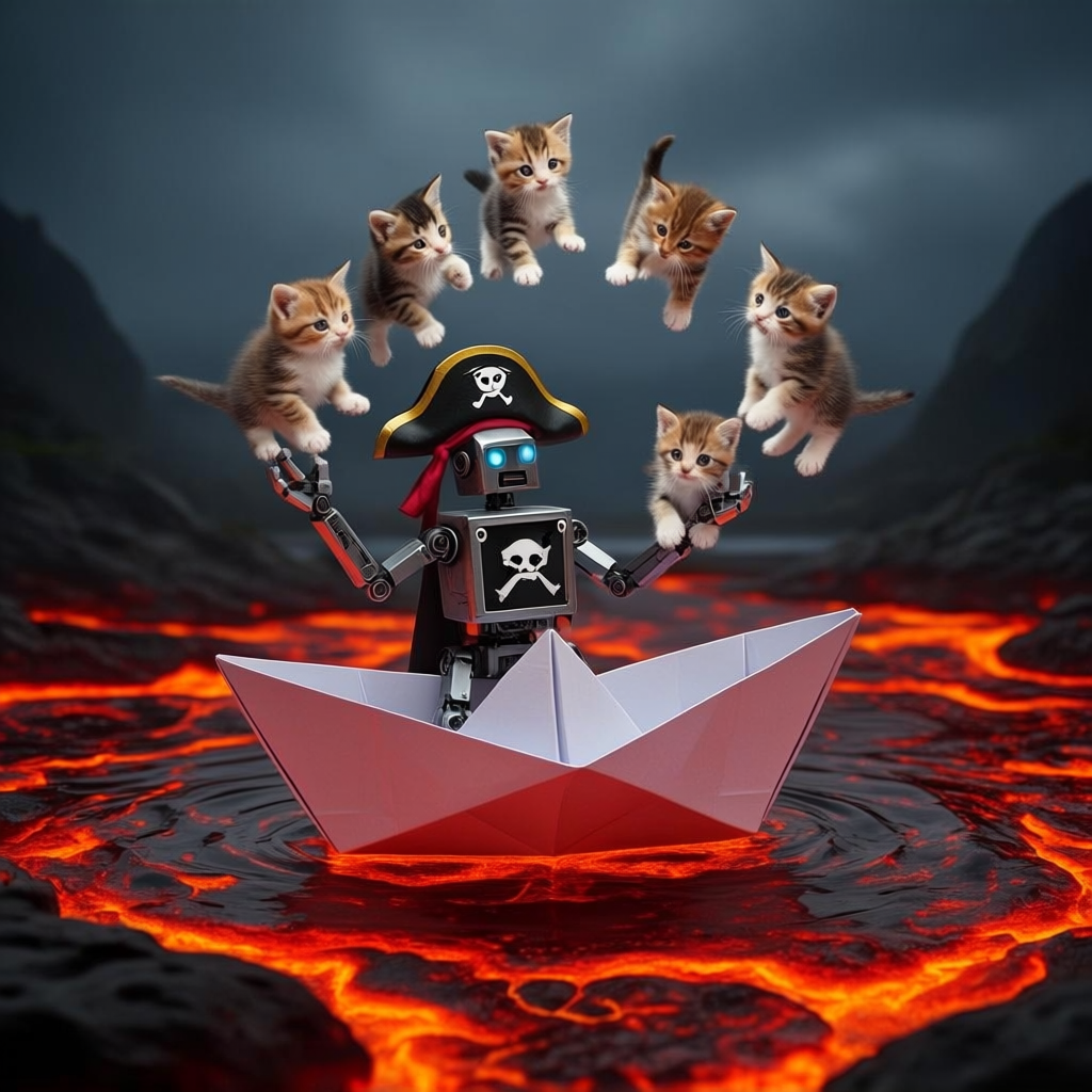 A robot dressed as a pirate sailing a paper boat on a lake o