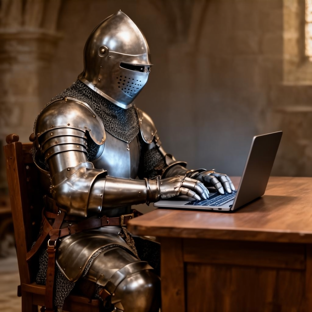 A medieval knight in full armor sitting at a desk typing on 
