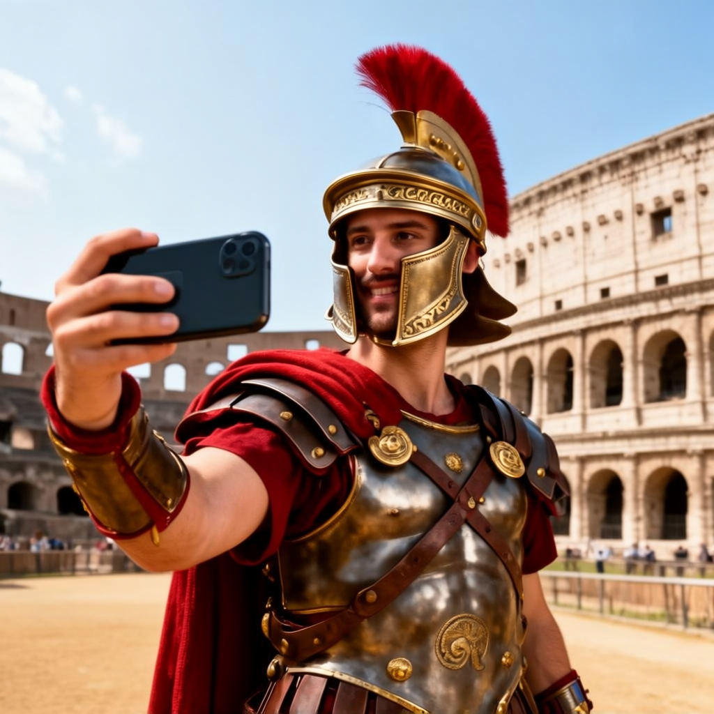 A Roman gladiator taking a selfie with a smartphone in the C
