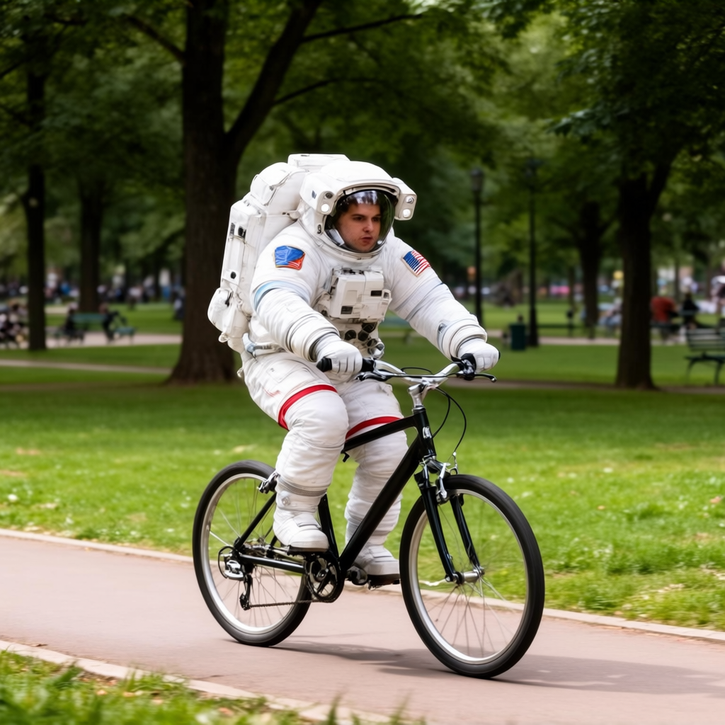 An astronaut in a spacesuit riding a bicycle through a park