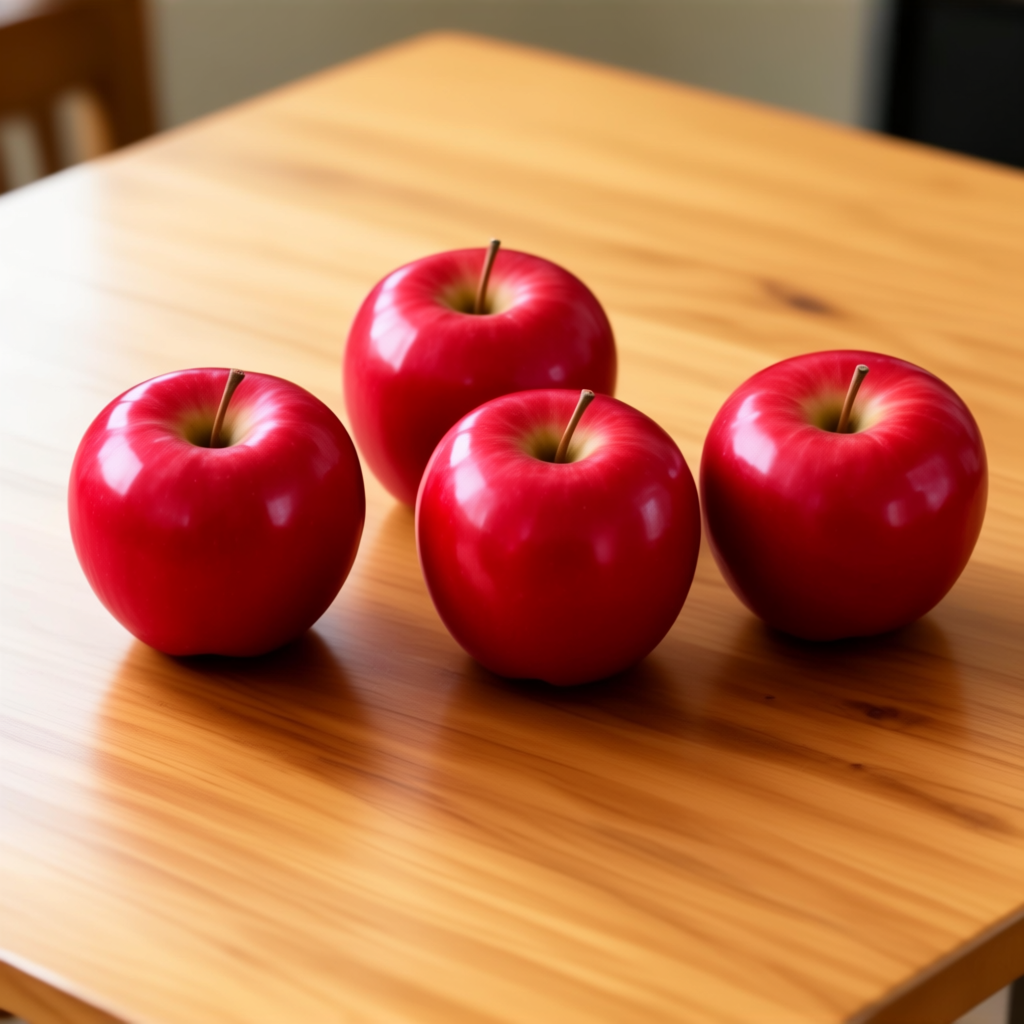 Exactly 3 red apples arranged on a wooden table