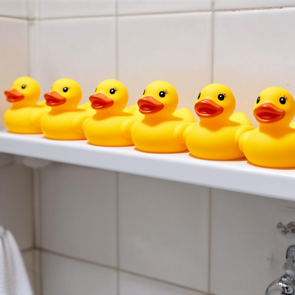 Exactly 5 yellow rubber ducks sitting in a row on a bathroom