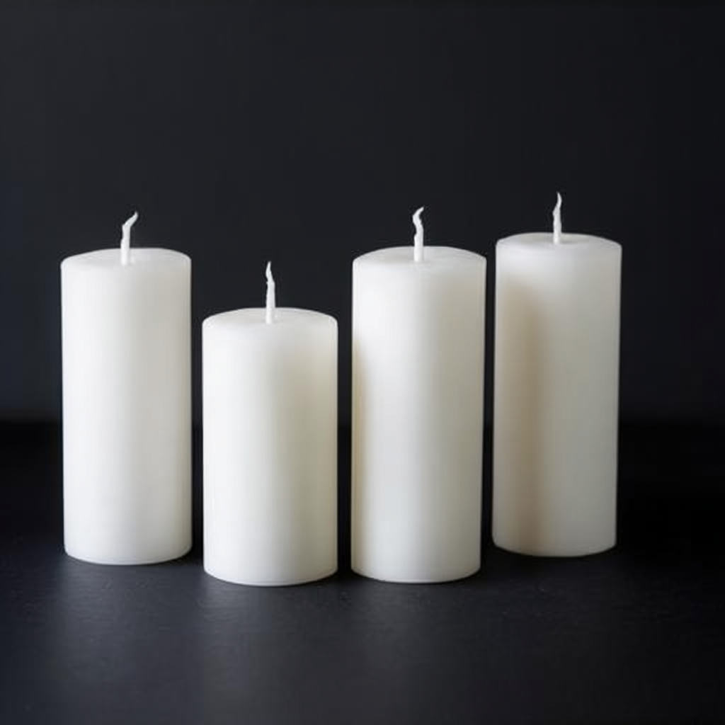 Exactly 4 white candles standing on a dark surface