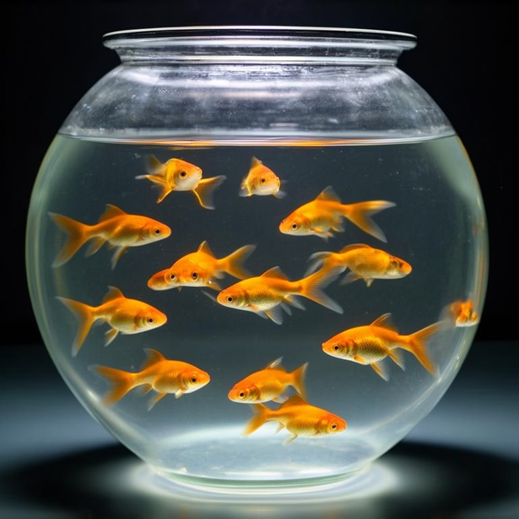 Exactly 9 goldfish swimming in a large round fishbowl