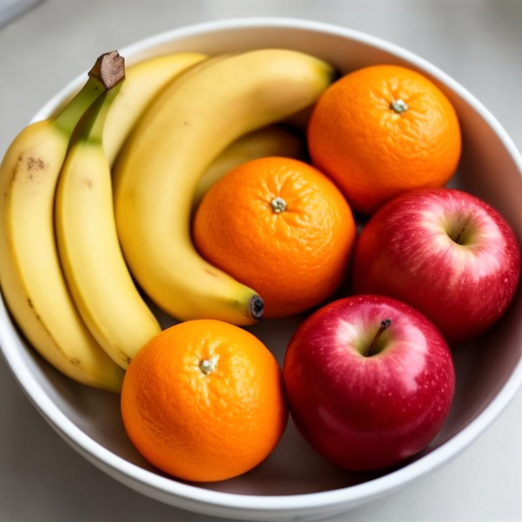 A fruit bowl containing exactly 3 bananas, 4 oranges, and 2 