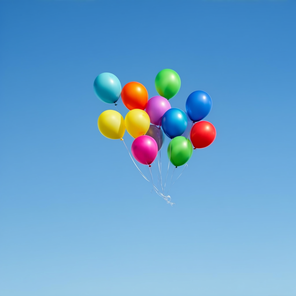 Exactly 11 colorful balloons floating against a clear blue s