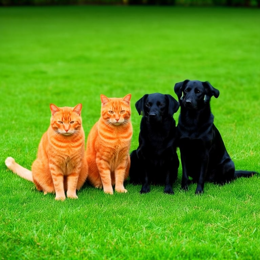 2 orange cats and 3 black dogs sitting together on a grassy 