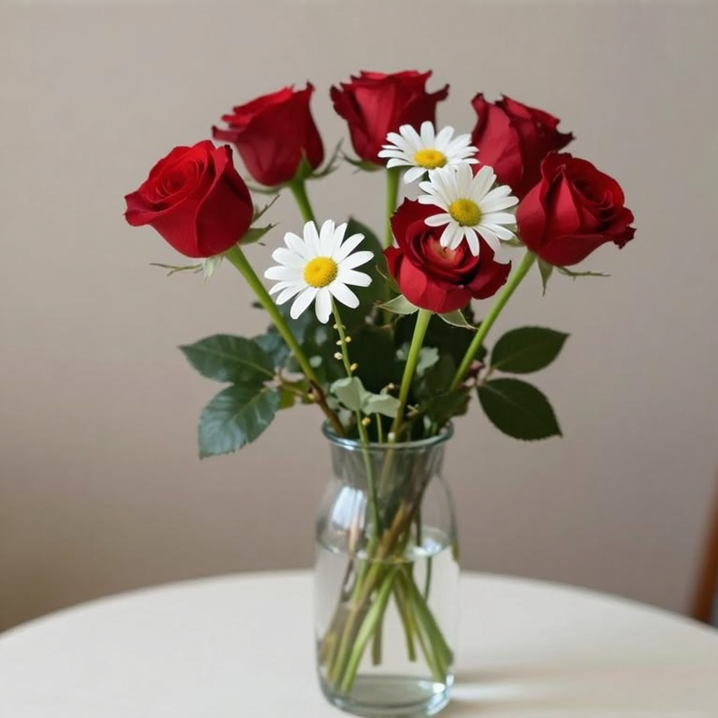 4 red roses and 2 white daisies in a glass vase on a table