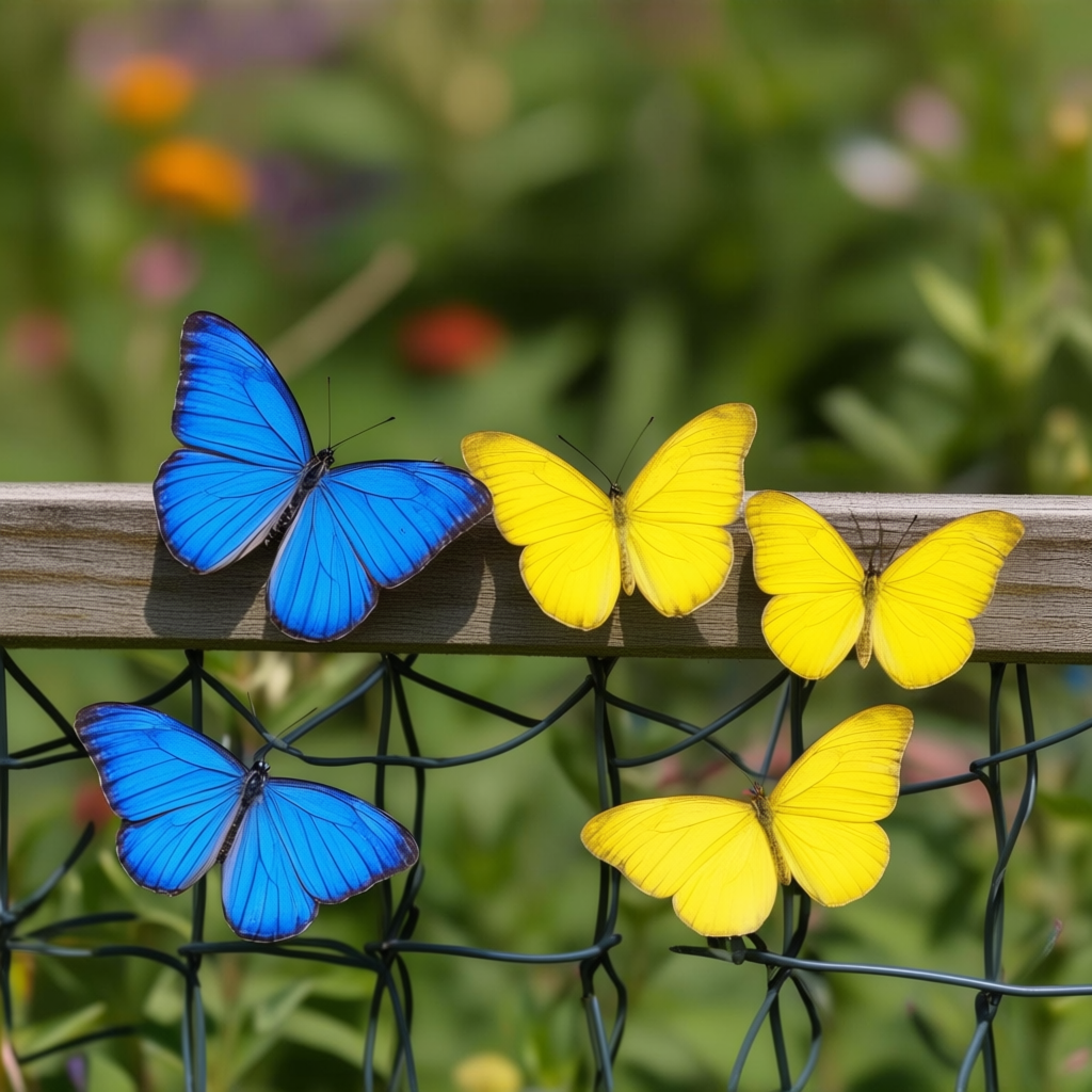 1 blue butterfly and 3 yellow butterflies resting on a garde