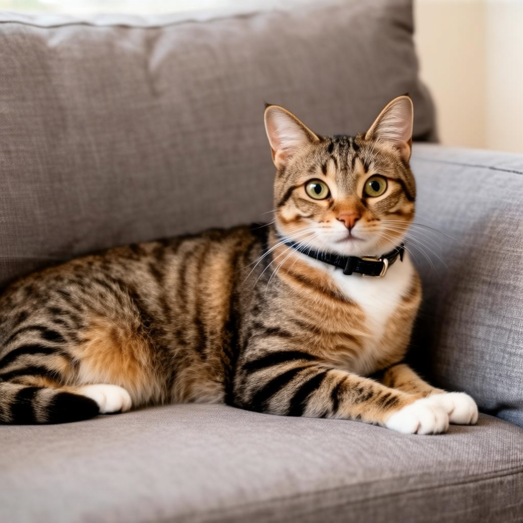 A cat lying on a couch without a collar