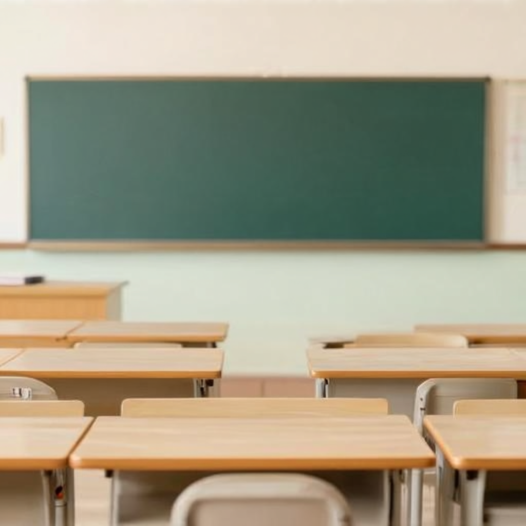 A classroom with desks and a chalkboard but no students