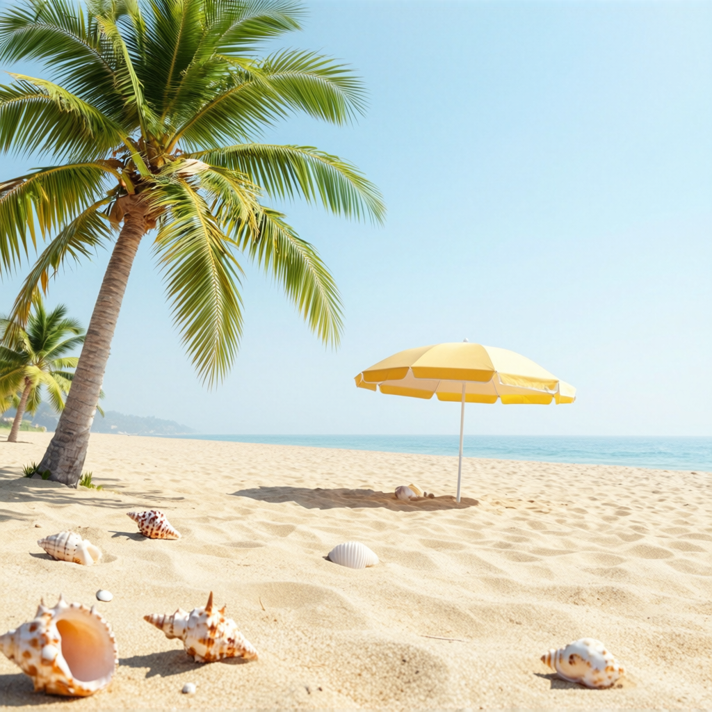 A sandy beach with palm trees, seashells, and a beach umbrel