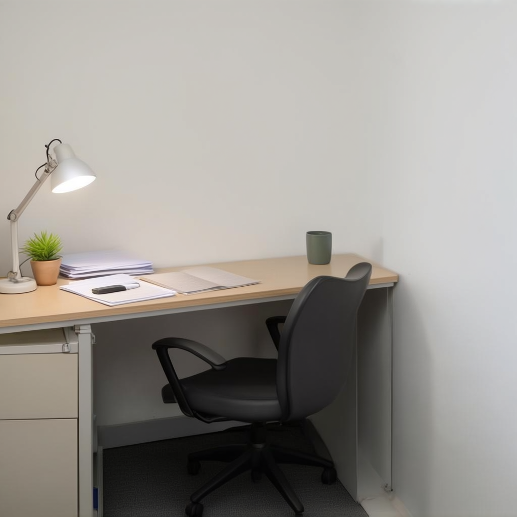 An office workspace with a desk, chair, bookshelf, and lamp 