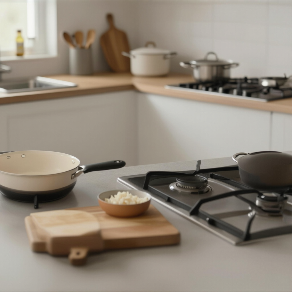 A kitchen with pots, pans, a stove, and a cutting board but 