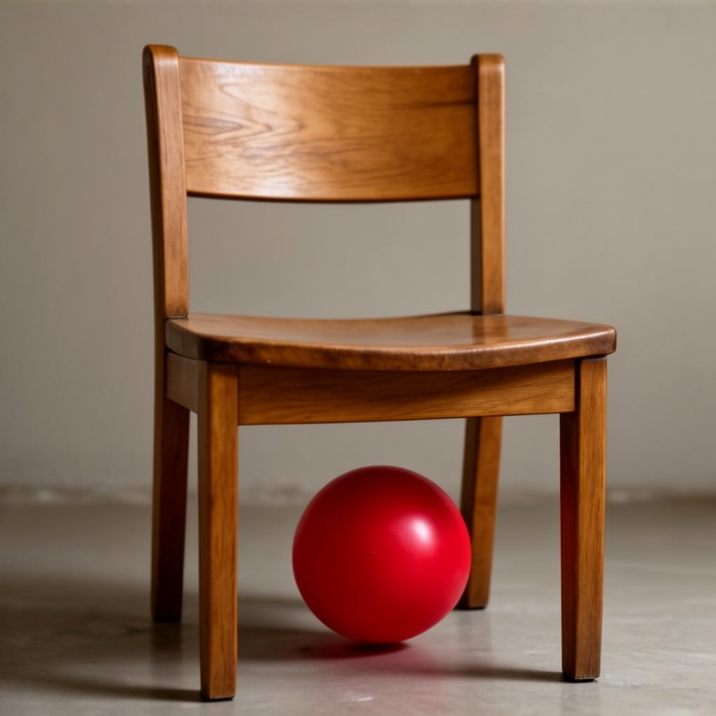 A red ball underneath a wooden chair