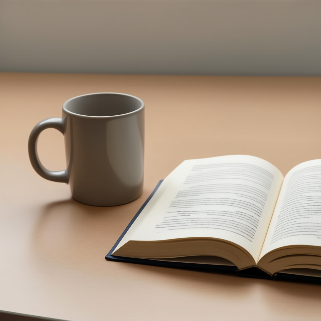 A coffee mug next to an open book on a desk