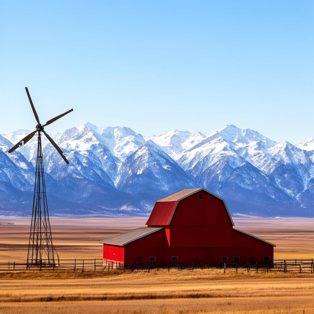 A landscape with a red barn in the foreground at large scale