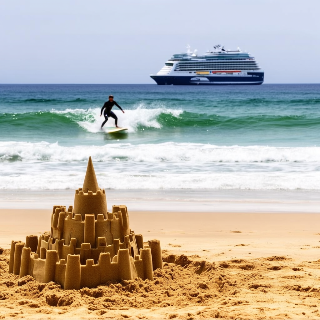 A beach scene with a sandcastle in the foreground, a surfer 