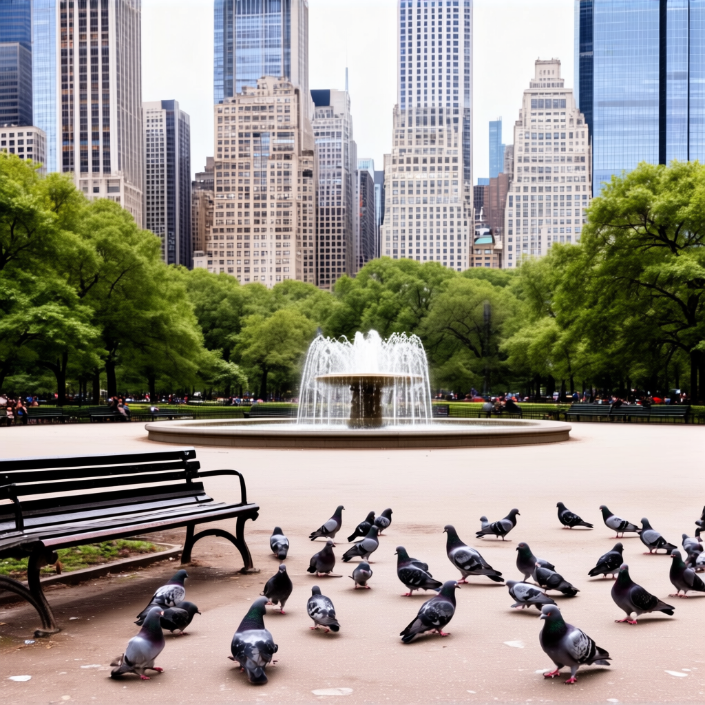 A city park with a park bench and pigeons in the foreground,