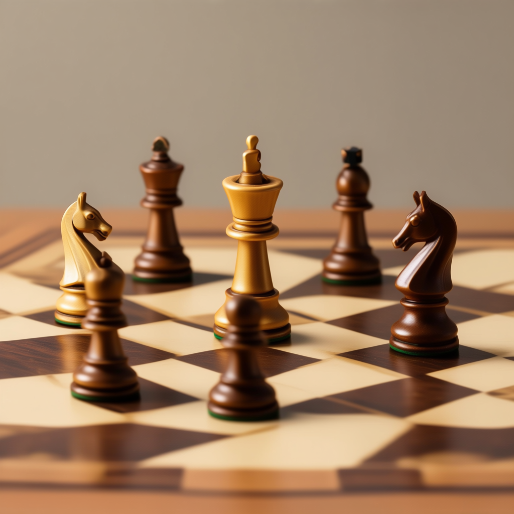 Five chess pieces on a board: a king in the center, a queen 