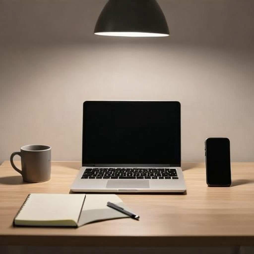 A desk scene: laptop in the center, coffee mug to the left, 