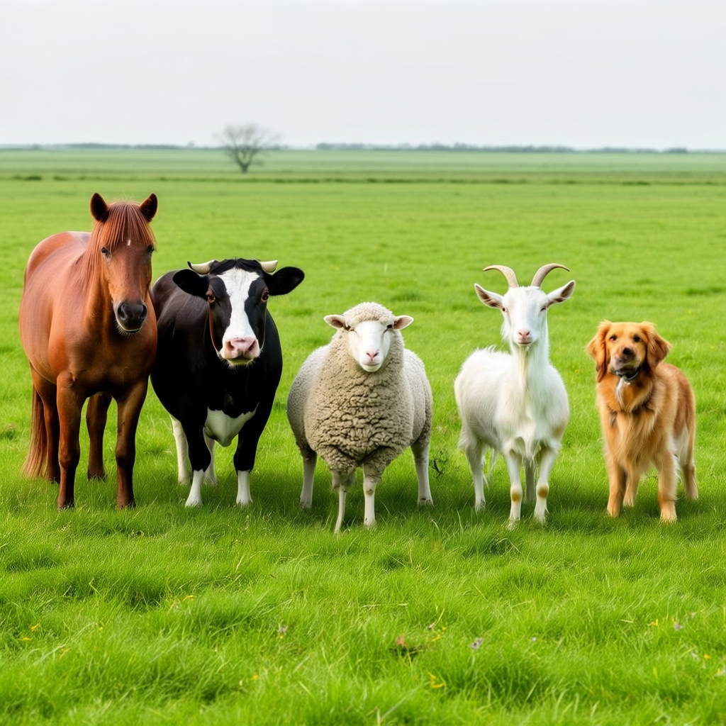 Five animals in a field: a horse on the far left, a cow to t