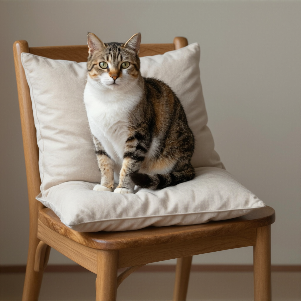 A cat sitting on a pillow, the pillow placed on a wooden cha