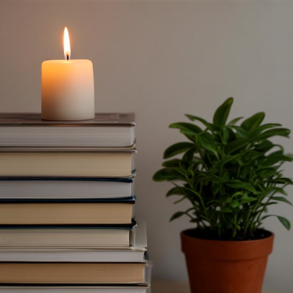 A candle on top of a stack of books, the books next to a pot