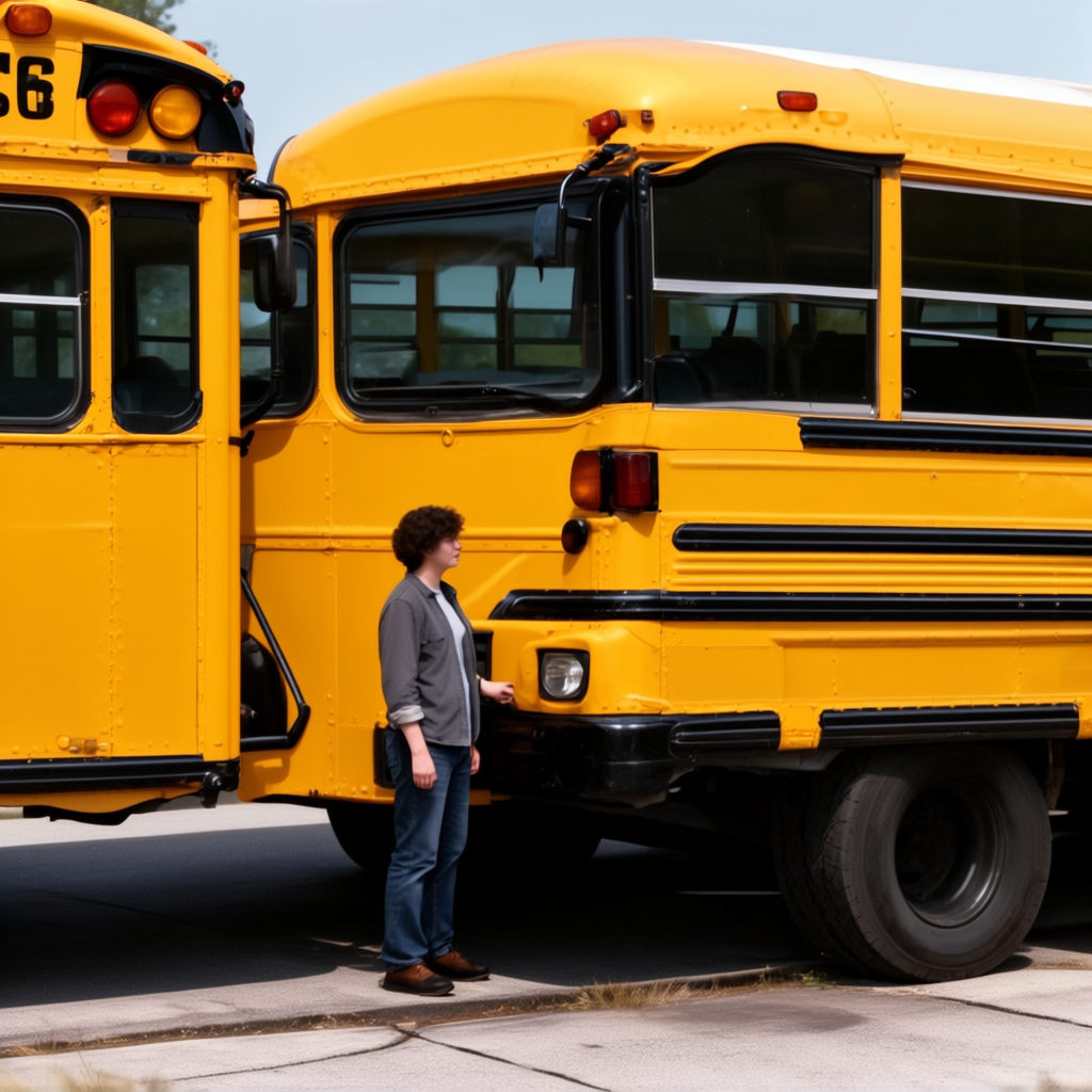A person standing next to a yellow school bus, showing reali
