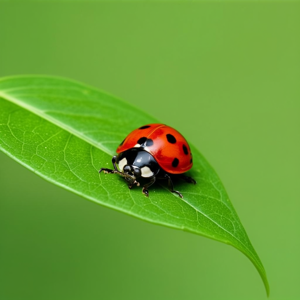 A ladybug sitting on a large green leaf, shown at realistic 