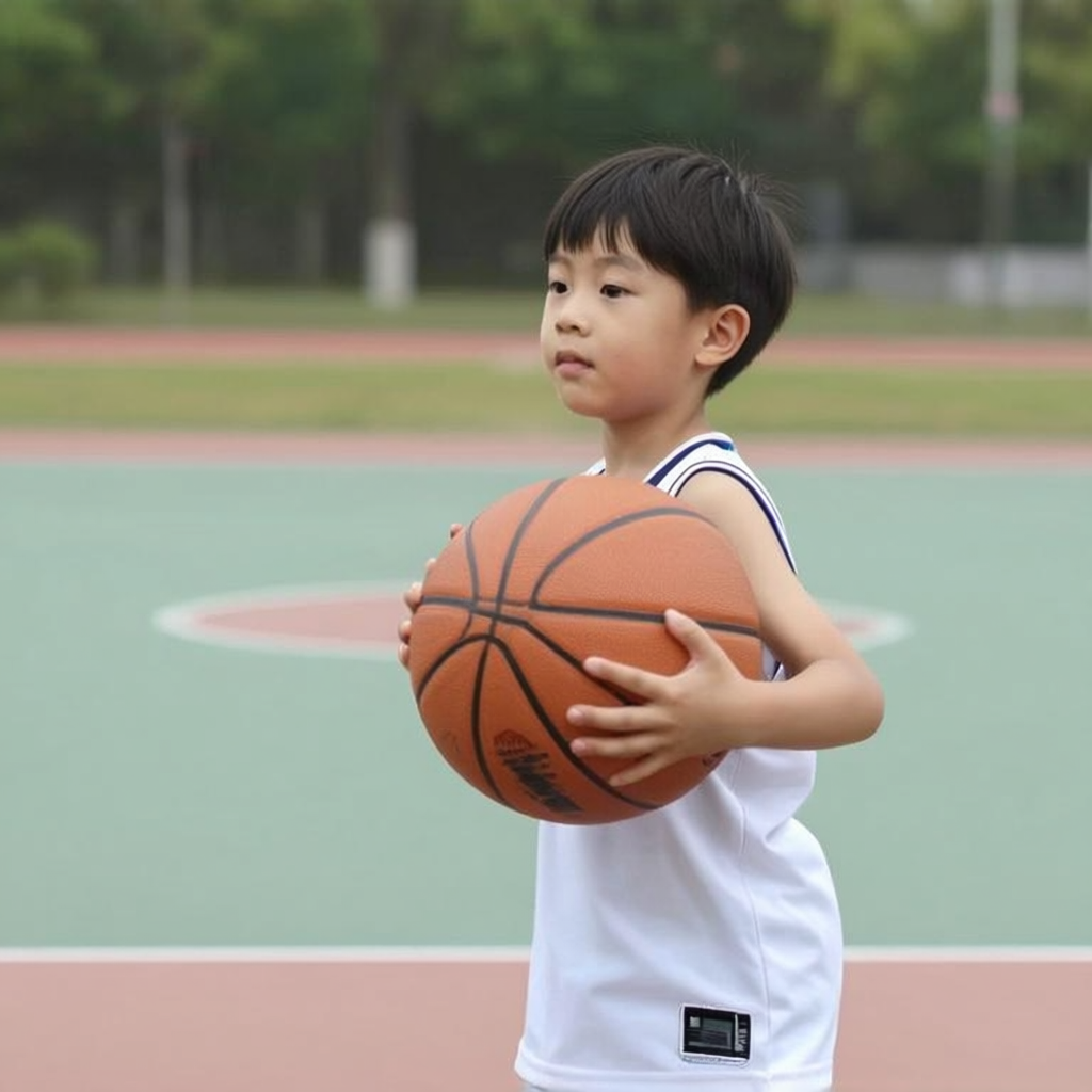 A child holding a basketball, both at correct relative sizes