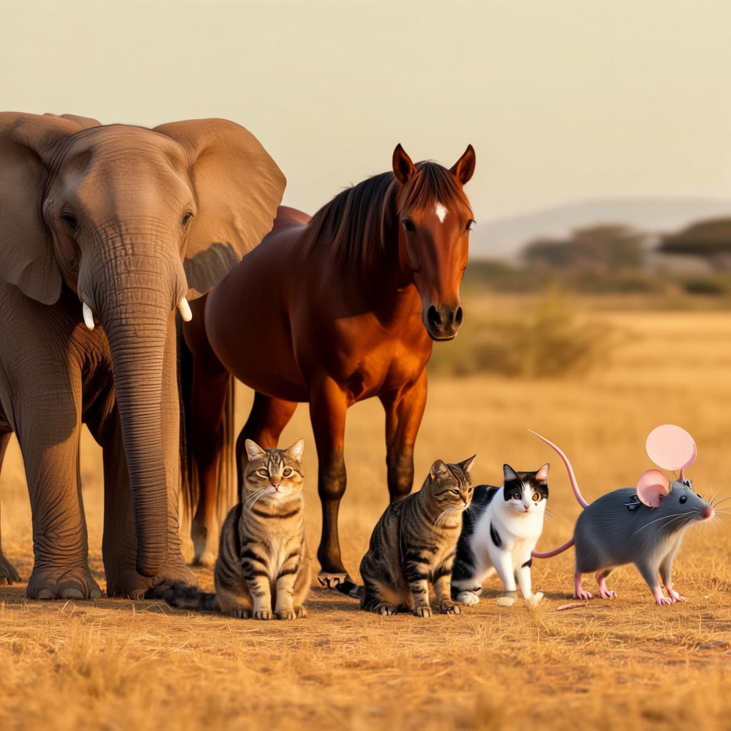 A group photo of an elephant, a horse, a dog, a cat, and a m