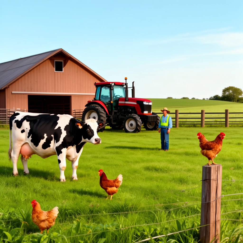A farm scene with a barn, tractor, farmer, cow, chicken, and