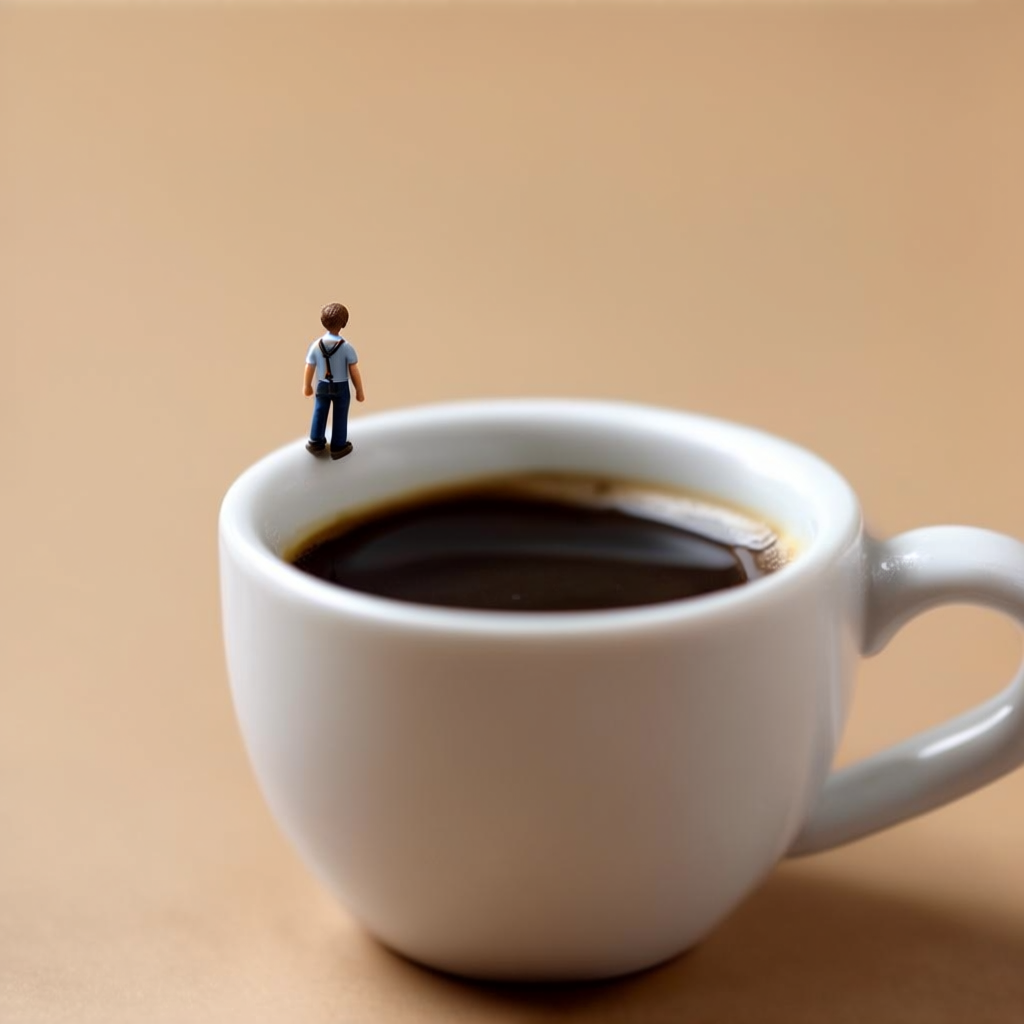 A tiny person standing on the rim of a coffee cup, looking d