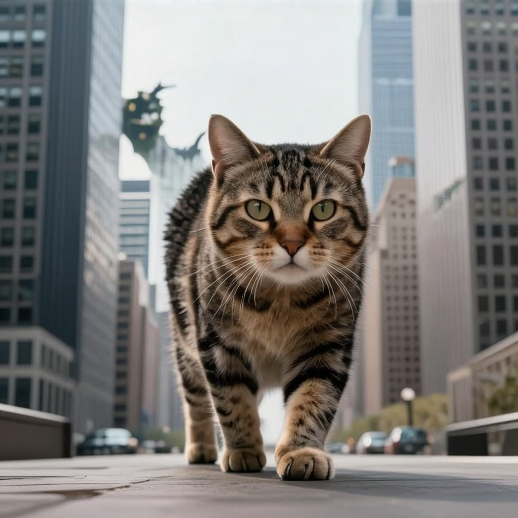 A giant tabby cat walking between city skyscrapers like a ka