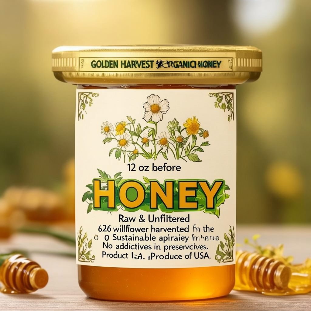 A product label for 'GOLDEN HARVEST ORGANIC HONEY' with subt