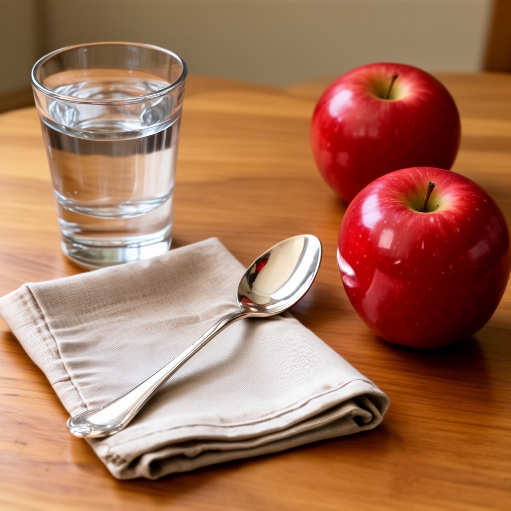 A still life on a wooden table featuring a clear glass of wa
