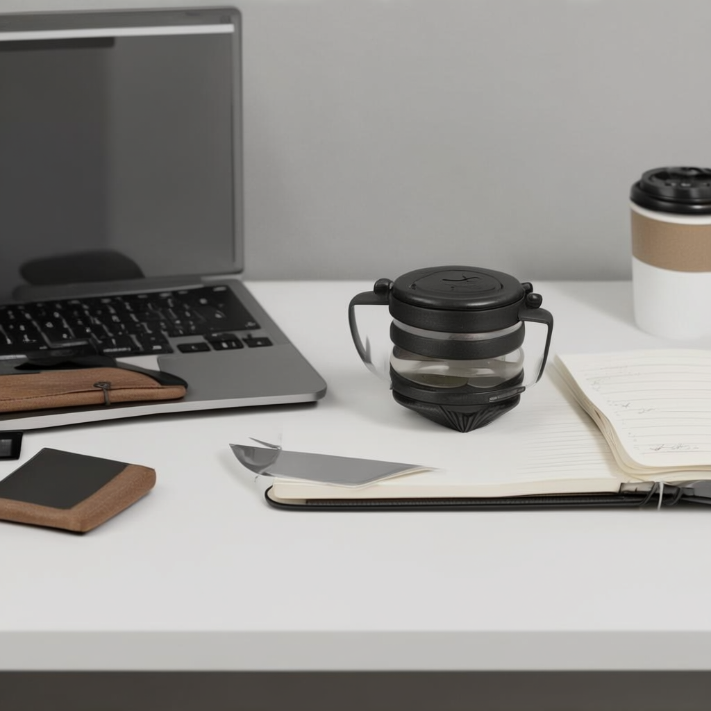 A workspace desk with a brushed aluminum laptop, a leather-b