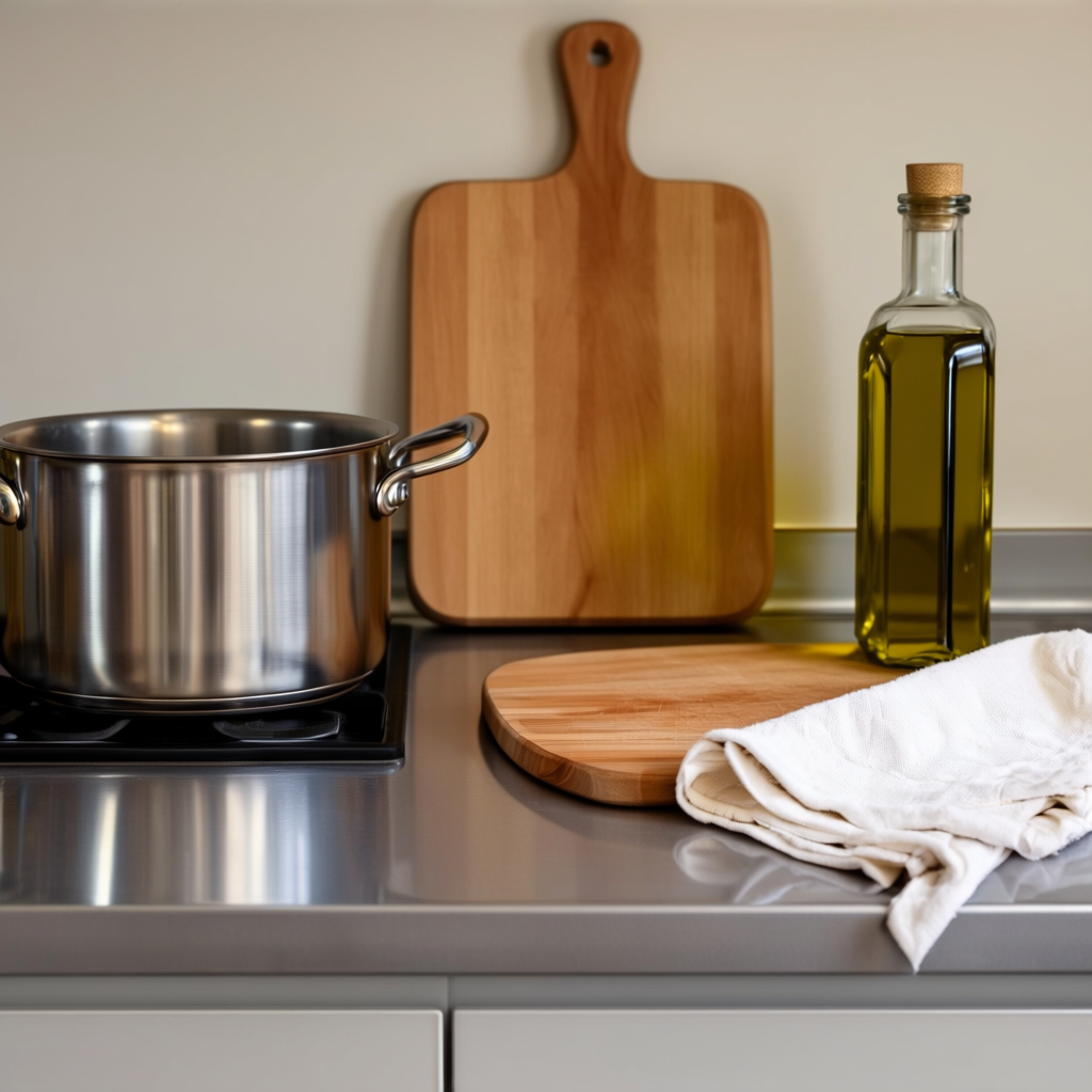 A kitchen counter with a stainless steel pot, a wooden cutti