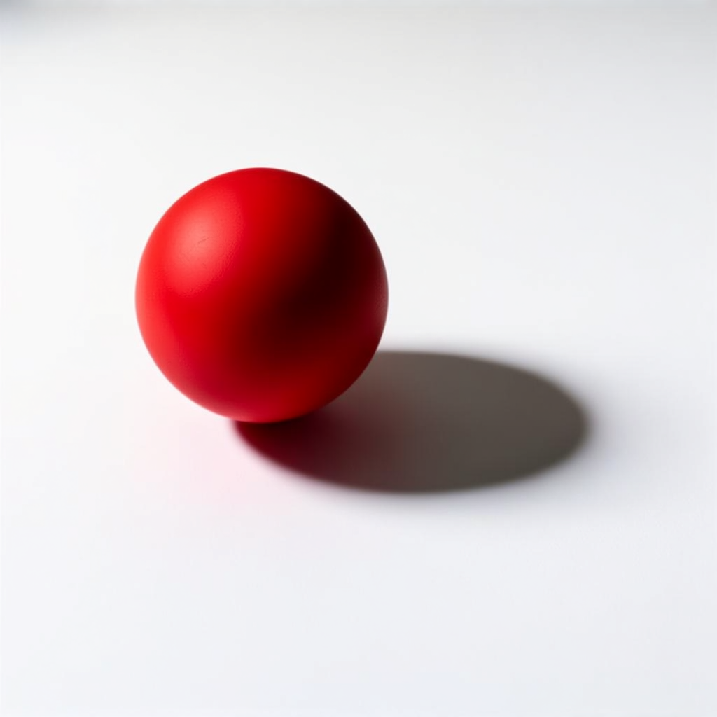 A red sphere on a white surface with a single shadow cast to