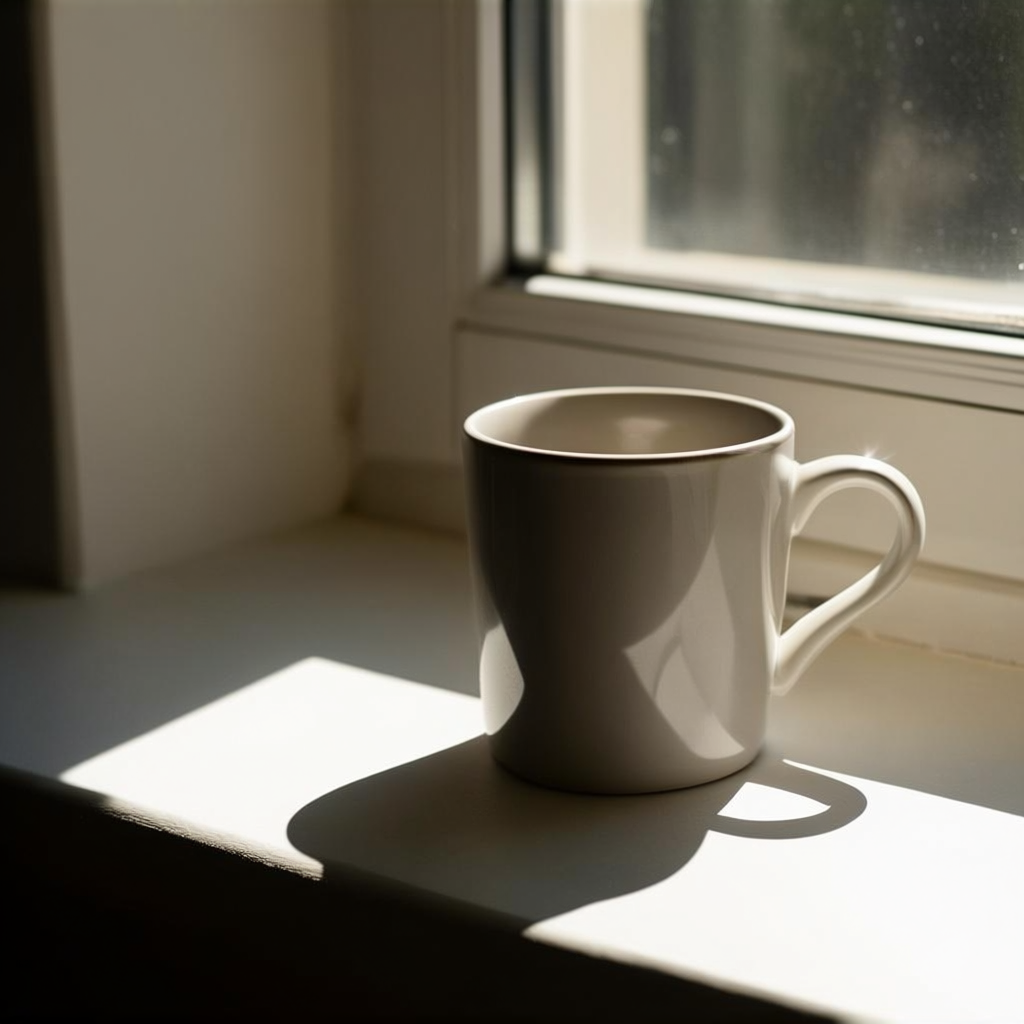 A coffee mug on a sunny windowsill casting a sharp shadow to