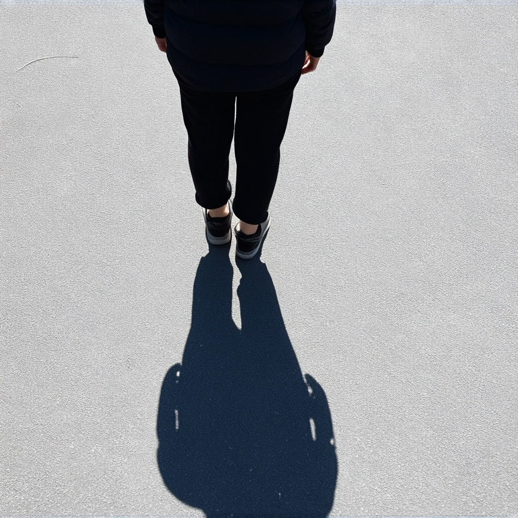 A person standing outdoors at midday with a short shadow dir